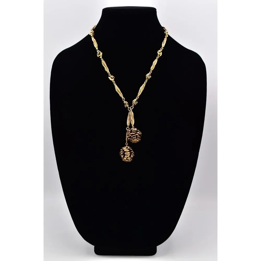 Vintage Fall Autumn Pinecone Statement Necklace Chunky Antiqued Gold Heavy BinBE
